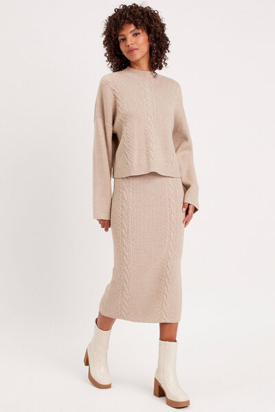 Jupe longue tricot moulante beige femme