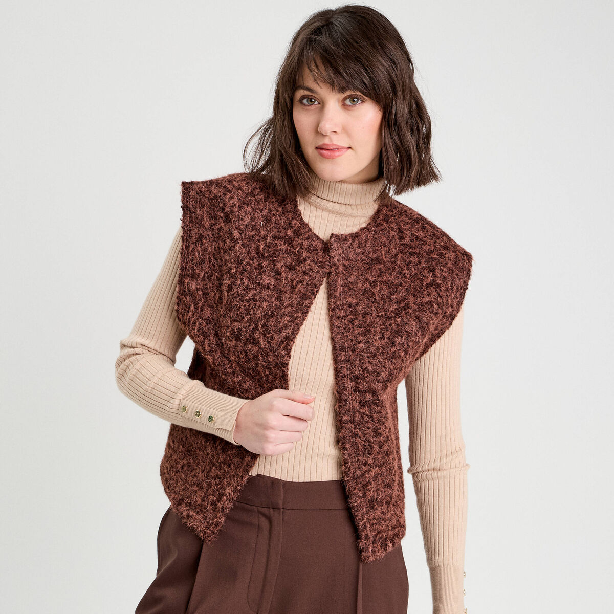 Gilet fausse fourrure marron foncé femme