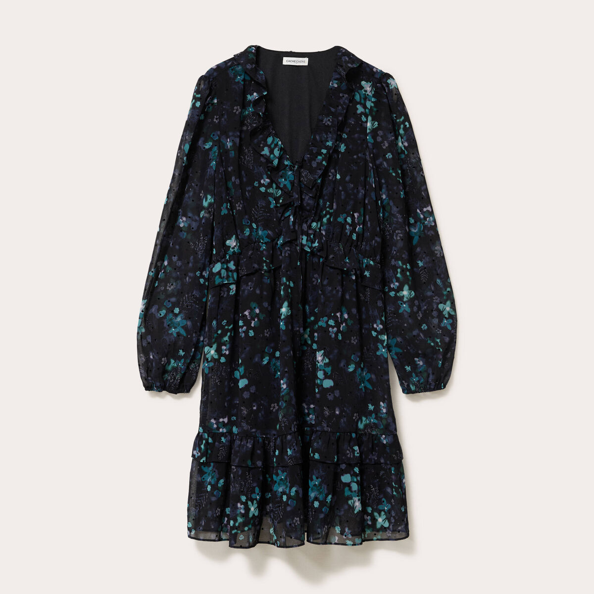 Robe courte &eacute;vas&eacute;e col V manches longues noir femme
