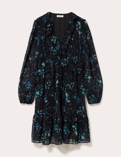 Robe courte &eacute;vas&eacute;e col V manches longues noir femme
