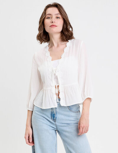 Blouse droite courte col v manches 3/4 blanc femme