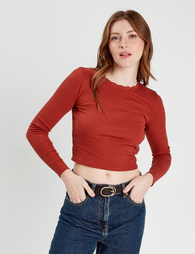 T-shirt cropped côtelé marron femme