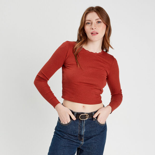 t shirt cropped cotele marron femme T-shirt cropped côtelé marron femme
