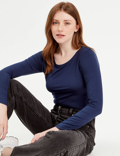 T-shirt uni à manches longues bleu foncé femme