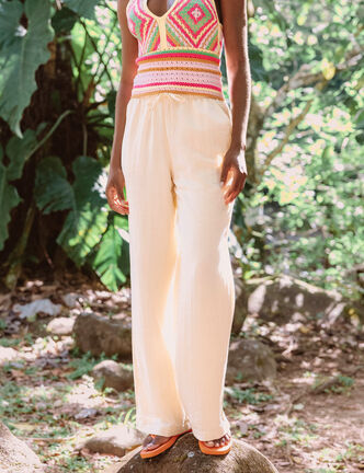 Pantalon large fluide taille &eacute;lastiqu&eacute;e jaune pastel femme