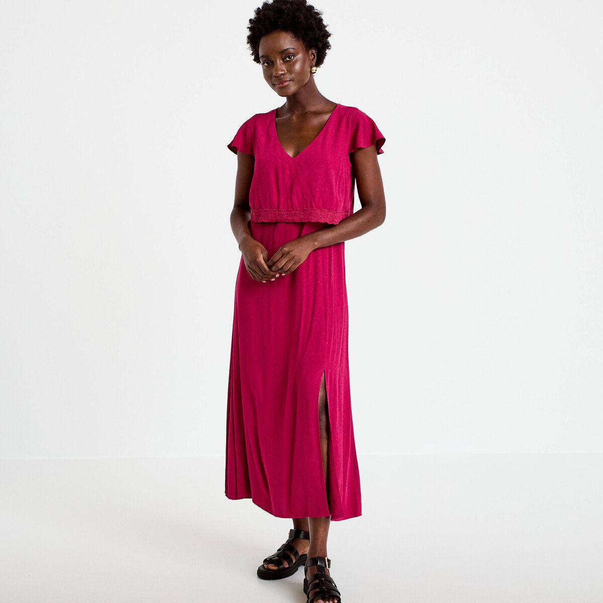 Robe longue droite col v manches courtes rouge femme