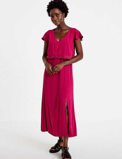 Robe longue droite col v manches courtes rouge femme