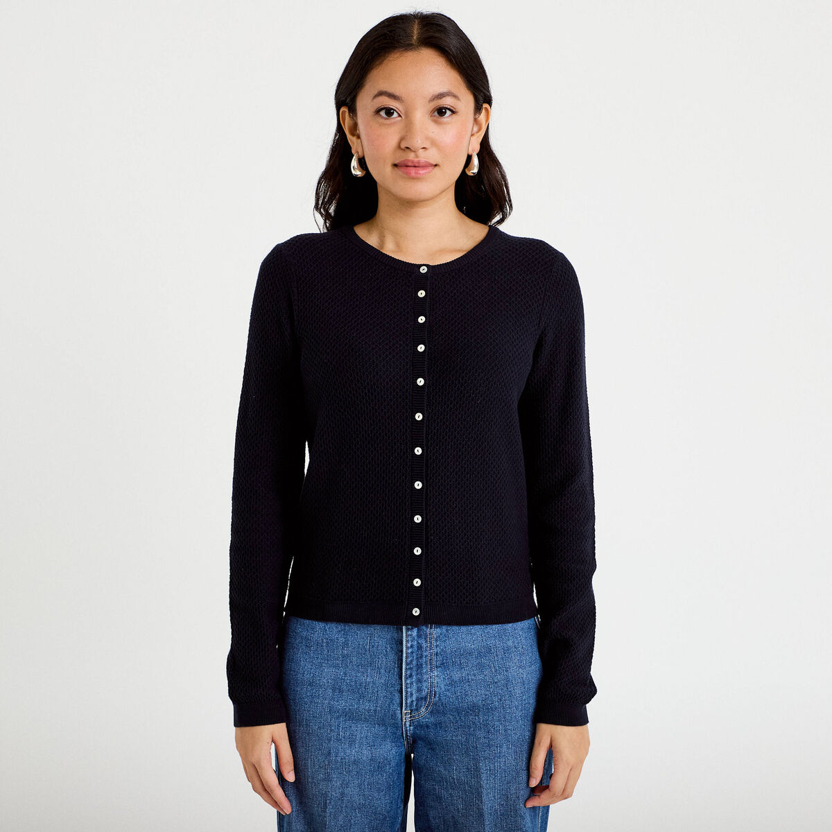Gilet ajour&eacute; manches longues bleu marine femme