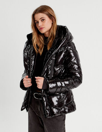 Doudoune aspect vinyle noir femme