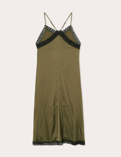 Robe midi évasée satin vert kaki femme