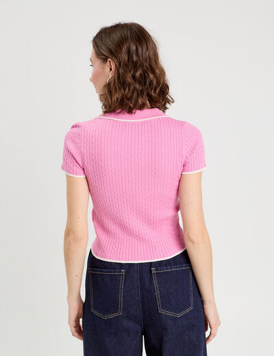 Top col polo manches courtes rose femme