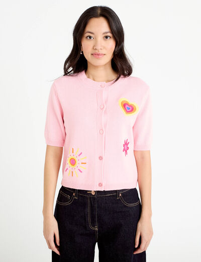 Gilet brod&eacute; manches courtes rose corail femme