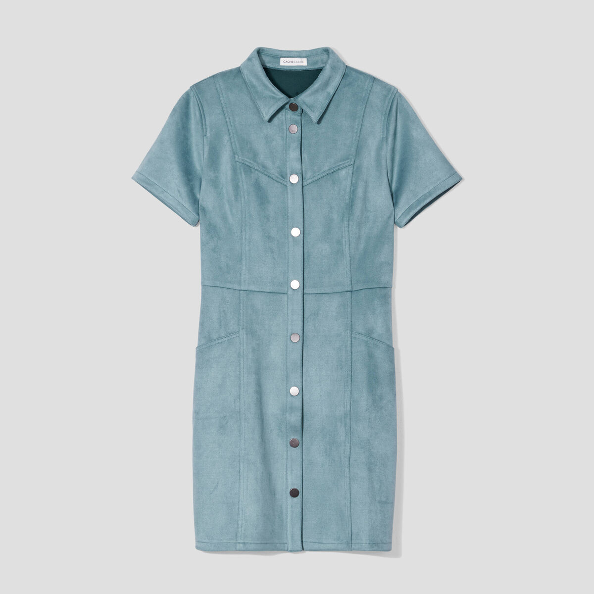 Robe droite boutonnée suédine vert foncé femme