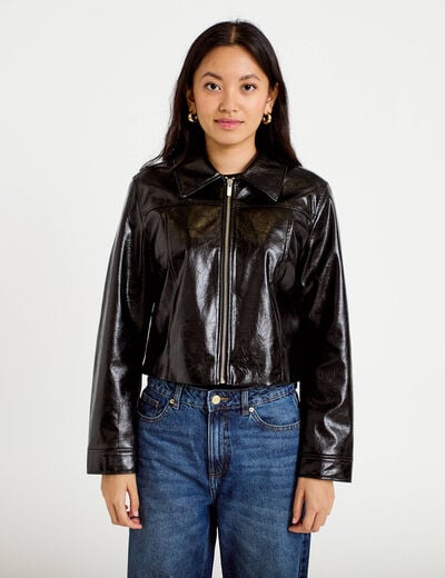 Veste droite cropped en similicuir noir femme