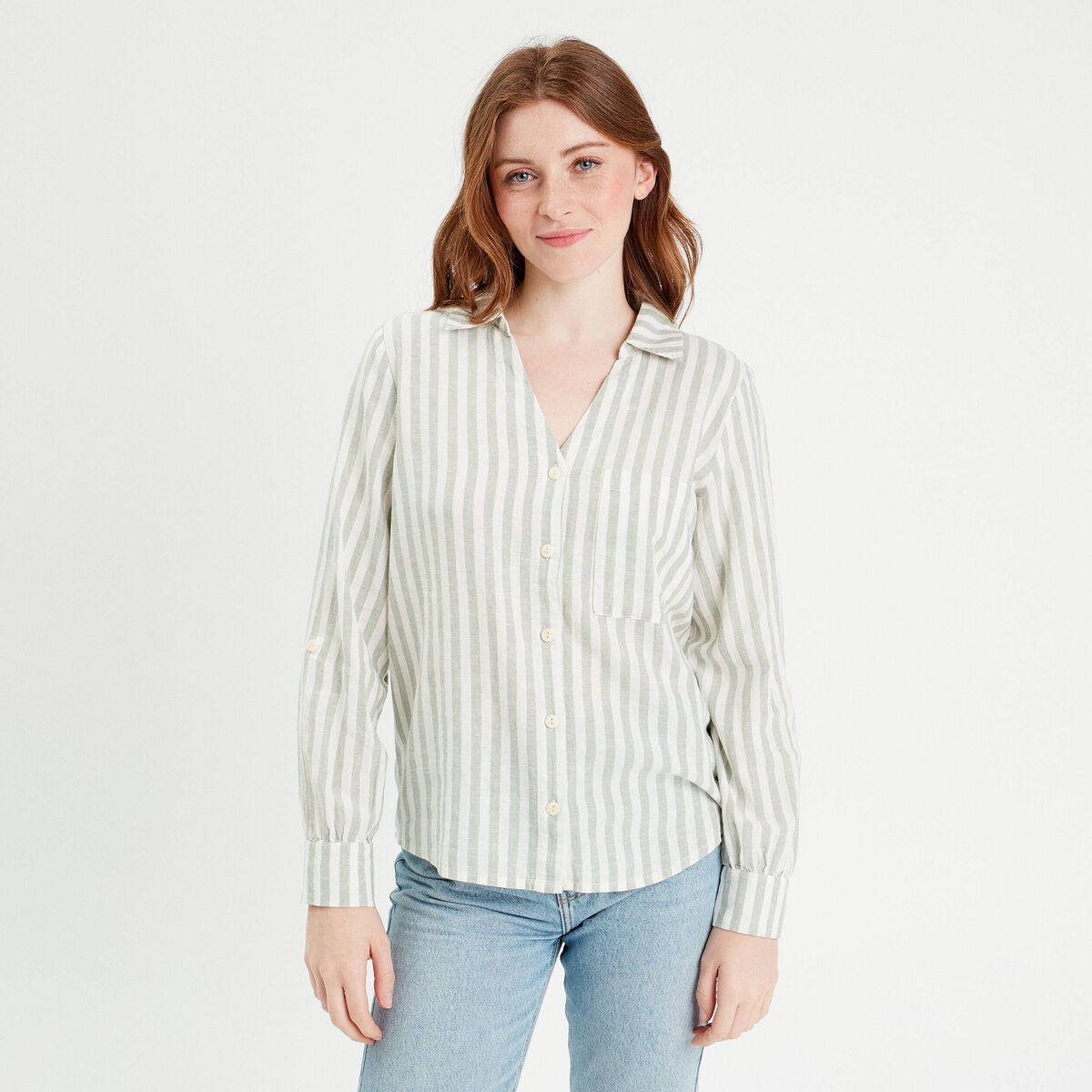 Chemise manches longues contenant du lin vert femme