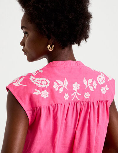 Blouse droite sans manches col v rose fushia femme