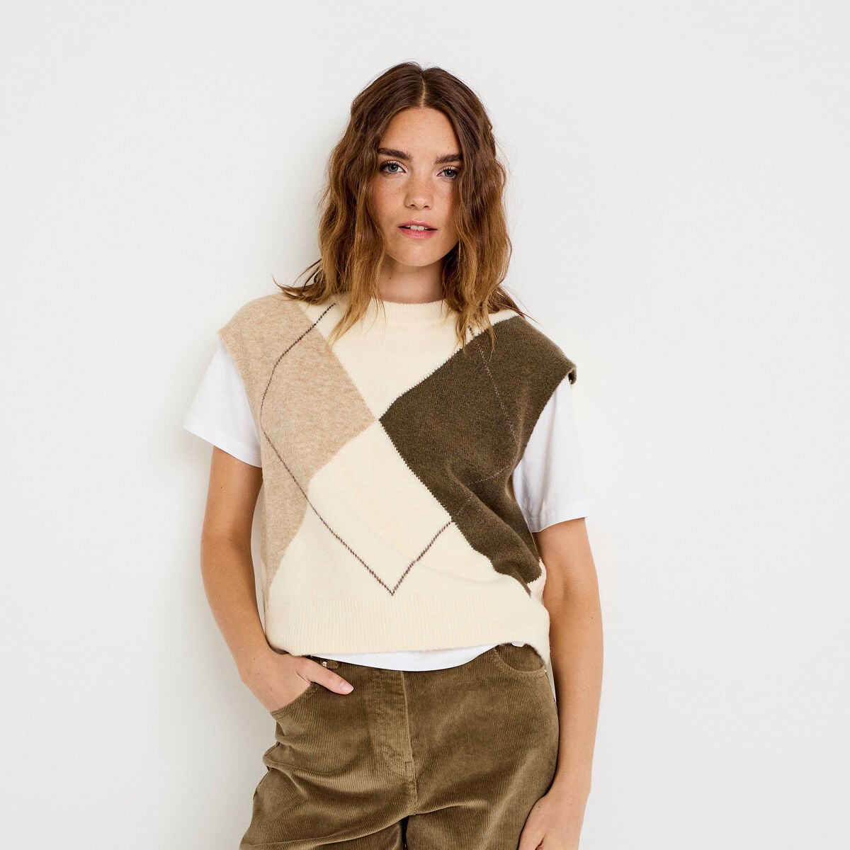 Pull sans manches ecru femme