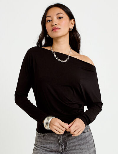 T-shirt col bateau manches longues noir femme