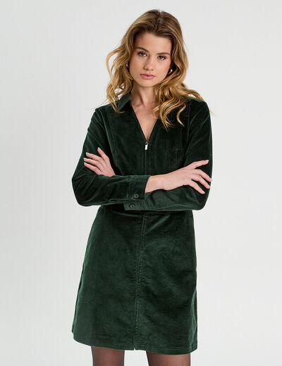 Robe trapèze velours zippée vert foncé femme