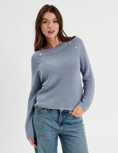Pull avec boutons épaules bleu gris femme