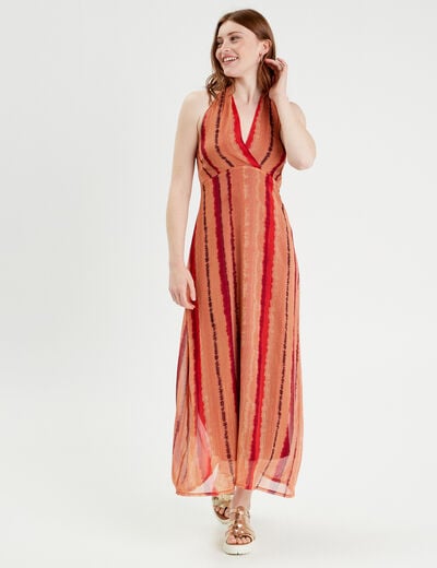 Robe longue évasée col en V rouge femme