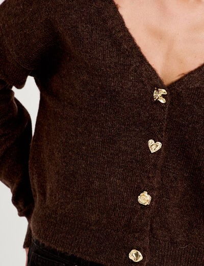 Gilet col v manches longues marron fonc&eacute; femme
