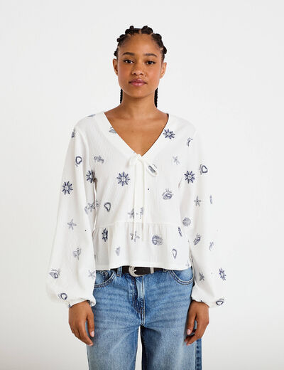 Blouse cintr&eacute;e col v manches longues blanc femme