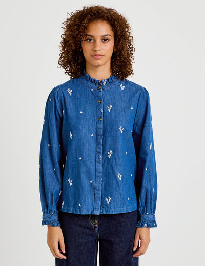 Chemise droite en jean col montant blanc femme