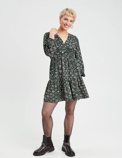 Robe évasée col en V vert femme