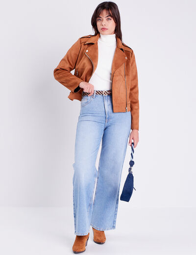 Pull col roulé côtelé ecru femme