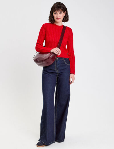 Pull ajusté col rond manches longues rouge femme