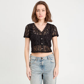 Gilet macramé boutonné noir femme