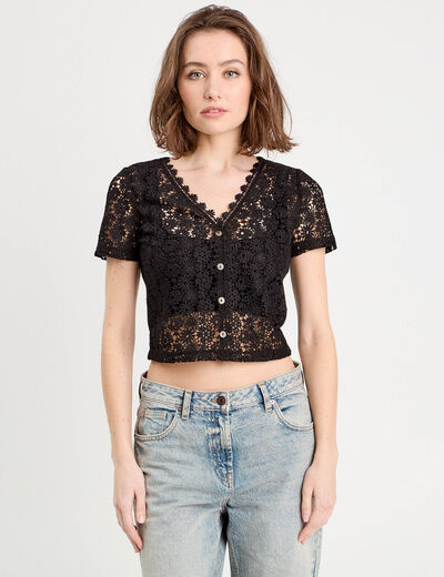 Gilet macramé boutonné noir femme