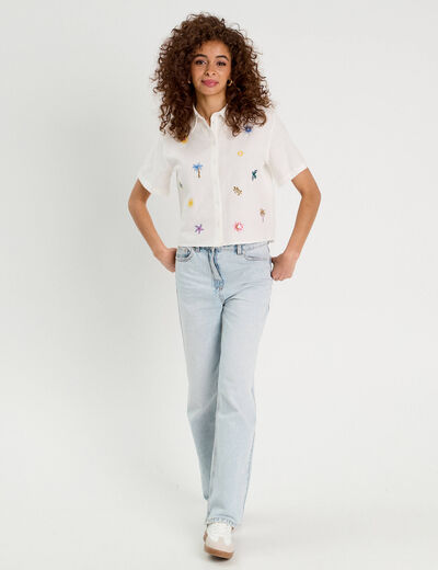 Chemise brodée manches courtes ecru femme
