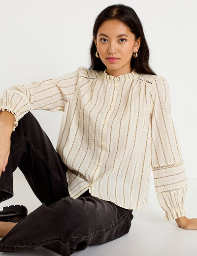 Blouse ajour&eacute;e manches longues marron femme