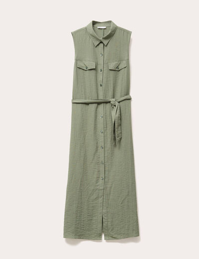 Robe longue évasée boutonnée vert kaki femme