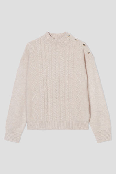 Pull col montant avec torsades sable femme