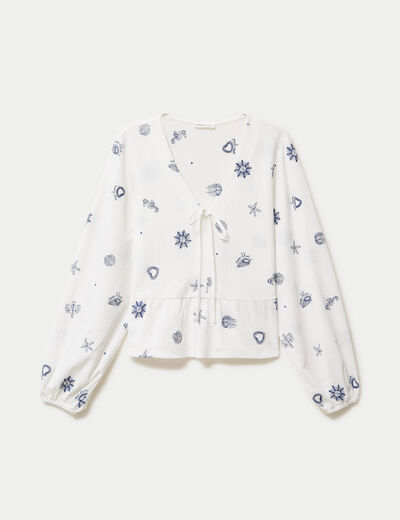 Blouse cintr&eacute;e col v manches longues blanc femme
