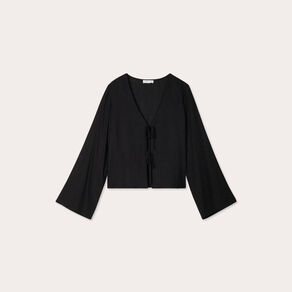 Blouse nouée mélange lin noir femme