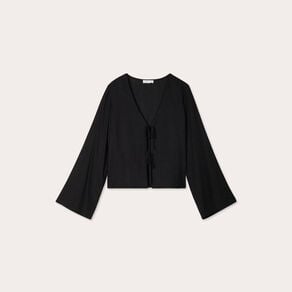 blouse nouee melange lin noir femme Blouse nouée mélange lin noir femme