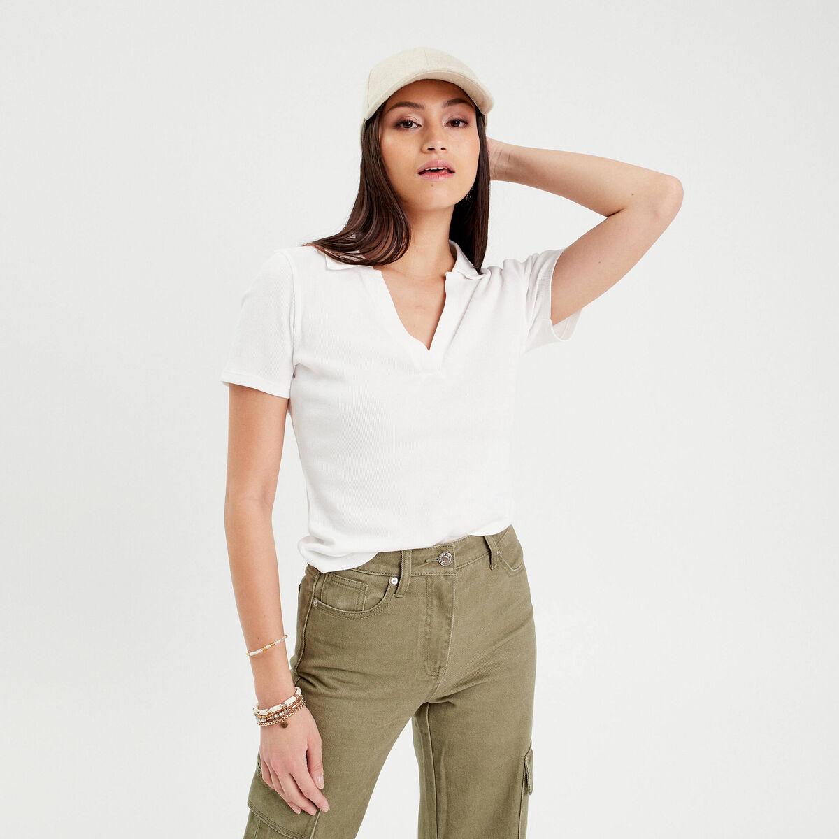 Polo manches courtes côtelé ecru femme