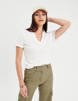 Polo manches courtes côtelé ecru femme