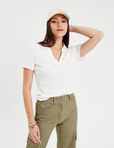 Polo manches courtes côtelé ecru femme
