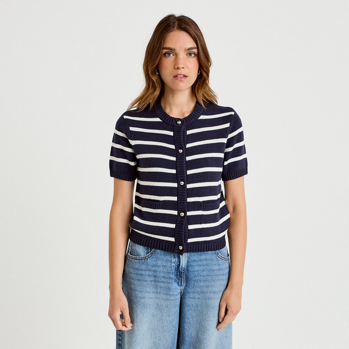Gilet manches courtes bleu femme