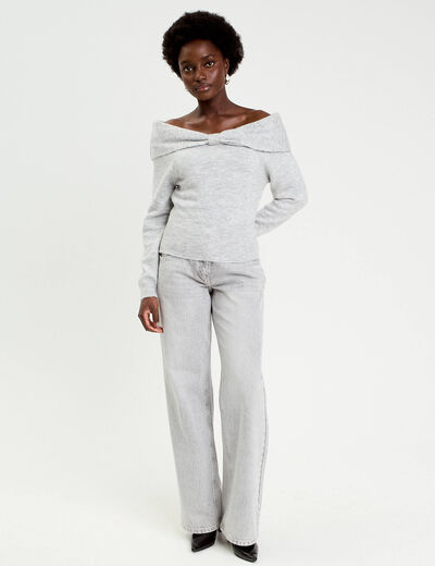 Pull col bardot manches longues gris clair femme