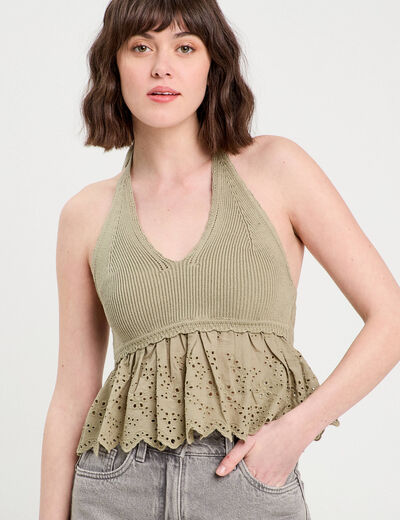 Crop top tricot avec broderie vert kaki femme