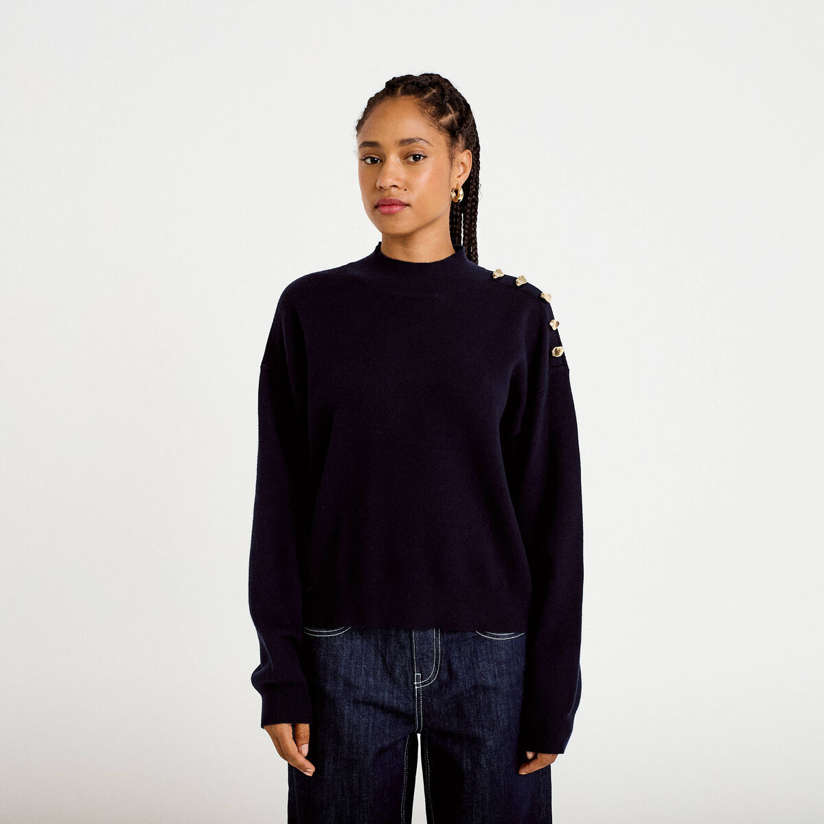 Pull col montant manches longues bleu marine femme