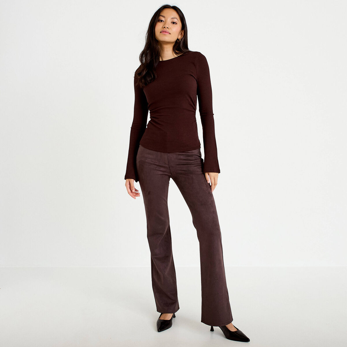 Pantalon bootcut aspect daim marron fonc&eacute; femme