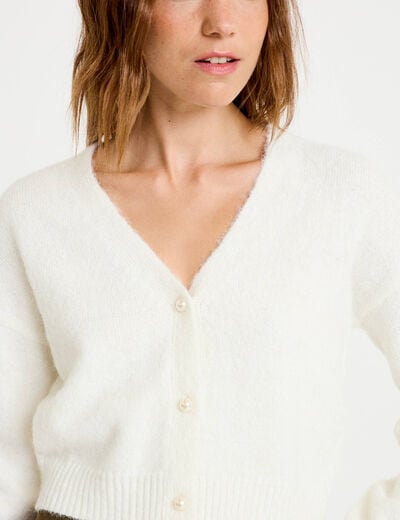 Gilet court ajust&eacute; col v manches longues ecru femme