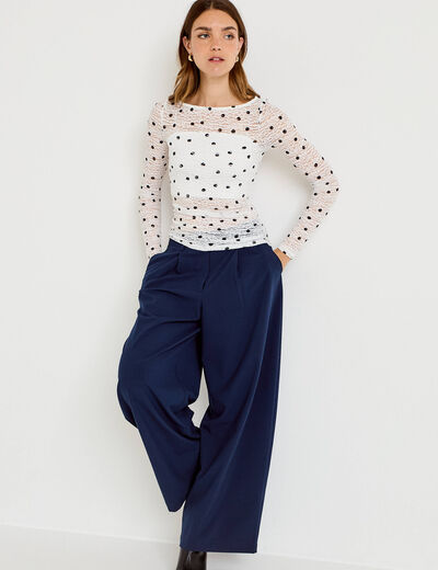 Top dentelle pliss&eacute; col bateau blanc femme